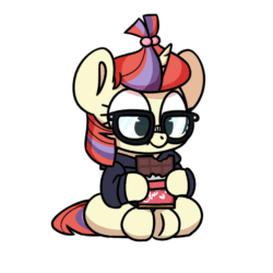 Size: 850x850 | Tagged: safe, artist:sugar morning, imported from derpibooru, moondancer, pony, unicorn, animated, chocolate, cute, dancerbetes, eating, female, food, gif, glasses, licking, licking lips, mare, munching, nom, simple background, sitting, solo, tongue out, transparent background