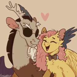 Size: 1080x1080 | Tagged: safe, artist:loaf, imported from derpibooru, discord, fluttershy, draconequus, pegasus, antlers, aziraphale, bowtie, crossover, crowley, discoshy, duo, duo male and female, female, good omens, happy, heart, horn, male, shipping, signature, straight, sunglasses