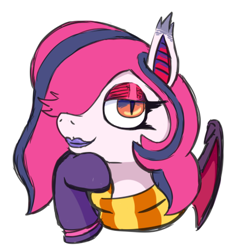 Size: 447x469 | Tagged: safe, artist:jargon scott, imported from derpibooru, oc, oc only, oc:arrhythmia, bat pony, pony, bat pony oc, bust, clothes, eyeshadow, female, lidded eyes, lipstick, looking at you, makeup, mare, scarf, simple background, smiling, smiling at you, solo, striped scarf, white background