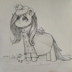 Size: 2144x2160 | Tagged: safe, artist:krista-21, imported from derpibooru, fluttershy, bird, duck, pegasus, pony, cute, duckling, ear fluff, female, grayscale, hat, looking up, mare, monochrome, pencil drawing, raincoat, shyabetes, signature, smiling, solo, traditional art