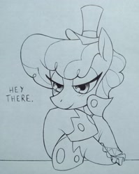 Size: 2653x3335 | Tagged: safe, artist:public mistake, imported from derpibooru, sapphire shores, earth pony, pony, dialogue, female, grayscale, hat, hoof on chin, lidded eyes, mare, monochrome, solo, talking to viewer, traditional art