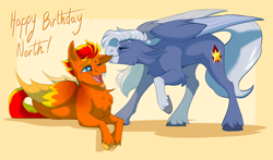 Size: 3900x2299 | Tagged: safe, artist:parrpitched, imported from derpibooru, oc, oc only, oc:fireheart(fire), oc:north star, bat pony, hybrid, pegasus, pony, bat pony oc, biting, cute, cute little fangs, ear bite, fangs, happy birthday, pegabat, pegasus oc, unshorn fetlocks, wholesome