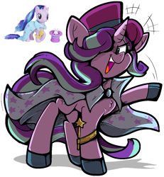 Size: 1051x1137 | Tagged: safe, artist:malachimoet, imported from derpibooru, angel bunny, starlight glimmer, pony, rabbit, unicorn, accessory swap, animal, cape, clothes, female, hat, magic wand, magician, magician outfit, mare, one eye covered, open mouth, raised hoof, reference used, simple background, smiling, solo, stars, the great and powerful, top hat, toy, toy interpretation, white background