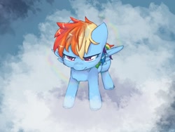 Size: 1200x900 | Tagged: safe, artist:ponchik_art, imported from derpibooru, rainbow dash, pegasus, pony, sonic rainboom (episode), cloud, female, filly, filly rainbow dash, pouting, scene interpretation, sky, solo, younger