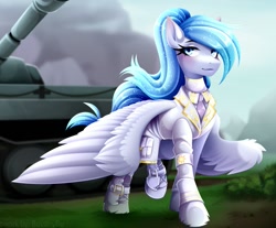 Size: 897x744 | Tagged: safe, artist:buvanybu, imported from derpibooru, oc, oc only, oc:opal rosamond, pegasus, pony, blushing, clothes, eyebrows, female, mare, military uniform, pegasus oc, signature, smiling, solo, spread wings, tank (vehicle), uniform, wings