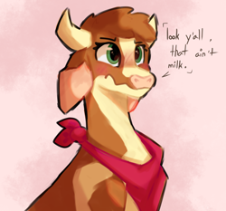 Size: 2200x2050 | Tagged: safe, artist:xurora, imported from derpibooru, cow, them's fightin' herds, arizona (tfh), bandana, blushing, community related, dialogue, digital art, female, pink background, simple background, solo, wavy mouth