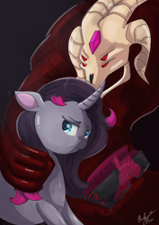 Size: 2480x3508 | Tagged: safe, artist:wolfcube333, imported from derpibooru, fhtng th§ ¿nsp§kbl, demon, unicorn, them's fightin' herds, book, community related, duo, female, frown, male, oleander (tfh), sad, signature, unicornomicon