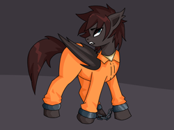 Size: 4000x3000 | Tagged: safe, artist:sleepymist, imported from derpibooru, oc, oc:hunter blood moon, bat pony, clothes, jumpsuit, male, prison, prison outfit, prisoner, shirt, solo, stallion, undershirt