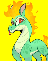 Size: 652x821 | Tagged: safe, artist:quakittyquak, imported from derpibooru, dragon, hybrid, longma, them's fightin' herds, bust, community related, female, forked tongue, portrait, simple background, solo, tianhuo (tfh), tongue out, yellow background