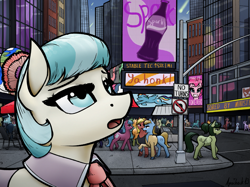 Size: 2217x1662 | Tagged: safe, artist:apocheck13, imported from derpibooru, coco pommel, earth pony, pony, fallout equestria, city, downtown, looking up, manehattan, ministry of morale, pinkie pie is watching you, road sign, skyscraper, sparkle cola