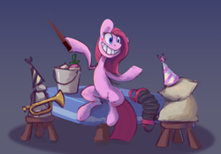 Size: 3098x2169 | Tagged: safe, artist:yarugreat, imported from derpibooru, madame leflour, mr. turnip, pinkie pie, rocky, earth pony, pony, party of one, accordion, bucket, bugle, creepy, creepy smile, flour sack, gradient background, hat, musical instrument, party hat, pinkamena diane pie, rock, smiling, stool, table, turnip