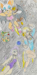 Size: 626x1277 | Tagged: safe, artist:fafenprocrastination, imported from derpibooru, rarity, bat, human, breasts, chase, clothes, colored pencil drawing, female, flying, horn, horned humanization, humanized, jetpack, leotard, princess rosalina, rosalina, rouge the bat, sonic the hedgehog (series), space, super mario bros., traditional art, trio, trio female