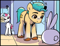 Size: 901x687 | Tagged: safe, artist:robin easter, idw, imported from derpibooru, hitch trailblazer, zipp storm, earth pony, pegasus, pony, rabbit, spoiler:comic, spoiler:g5comic, spoiler:g5comic03, animal, duo, female, g5, male, mare, official, question mark, stallion