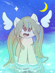 Size: 1050x1400 | Tagged: safe, artist:grithcourage, imported from derpibooru, oc, oc only, oc:grith courage, earth pony, pony, ear fluff, earth pony oc, eye clipping through hair, eyebrows, eyebrows visible through hair, female, long hair, mare, moon, night, open mouth, reflection, solo, stars, water, wings