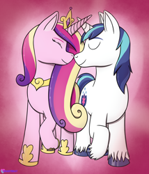 Size: 1452x1700 | Tagged: safe, artist:passionpanther, imported from derpibooru, princess cadance, shining armor, alicorn, pony, unicorn, crown, duo, eyes closed, female, heart, hearts and hooves day, holiday, horn, horns are touching, jewelry, love, male, mare, nuzzling, pink background, red background, regalia, shiningcadance, shipping, simple background, stallion, straight, unshorn fetlocks, valentine's day