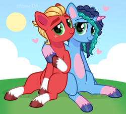 Size: 1256x1132 | Tagged: safe, artist:malarkey, artist:shizow, imported from derpibooru, sprout cloverleaf, earth pony, pony, unicorn, base used, duo, female, g4, g5, g5 to g4, generation leap, heart, heart eyes, male, mare, misty brightdawn, mistyclover, shipping, sproutlove, stallion, straight, wingding eyes