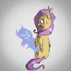 Size: 919x918 | Tagged: safe, artist:haku nichiya, imported from derpibooru, fluttershy, pegasus, pony, crying, jitter, rgb shift, scared, shadow, sliced image, solo, teary eyes