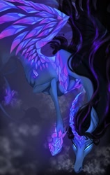 Size: 706x1116 | Tagged: safe, artist:witherslayer73, imported from derpibooru, oc, alicorn, alicorn oc, curved horn, flying, glowing, glowing eyes, horn, ice, leonine tail, long ears, long horn, long legs, solo, tail, wings