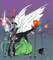 Size: 897x1024 | Tagged: safe, artist:witherslayer73, imported from derpibooru, oc, alicorn, alicorn oc, glowing, glowing horn, gradient background, horn, leonine tail, long ears, long horn, long legs, magic, multiple wings, solo, spear, tail, telekinesis, weapon, wings