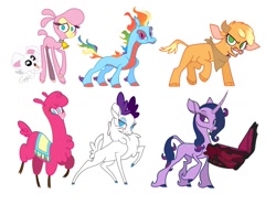 Size: 1405x1095 | Tagged: safe, artist:witherslayer73, imported from derpibooru, applejack, fluttershy, pinkie pie, rainbow dash, rarity, twilight sparkle, alpaca, classical unicorn, cow, deer, dog, dragon, hybrid, lamb, longma, reindeer, sheep, unicorn, them's fightin' herds, bandana, bell, bell collar, cloven hooves, collar, community related, curved horn, doe, female, horn, leonine tail, looking at you, magic, male, mane six, no pupils, palette swap, recolor, simple background, species swap, telekinesis, unshorn fetlocks, white background