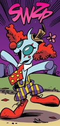 Size: 640x1334 | Tagged: safe, artist:andypriceart, idw, imported from derpibooru, ocellus, changedling, changeling, spoiler:comic, spoiler:comic71, clothes, clown, clown makeup, clown nose, clown shoes, clown wig, costume, female, g4, hat, necktie, nightmare night costume, onomatopoeia, red nose, solo