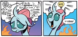 Size: 1334x635 | Tagged: safe, artist:andypriceart, idw, imported from derpibooru, ocellus, changedling, changeling, spoiler:comic, spoiler:comic71, cute, cute little fangs, dialogue, fangs, female, fire, g4, gradient background, lightbulb, solo, speech bubble, thought bubble, thoughts
