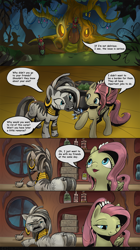 Size: 2060x3688 | Tagged: safe, artist:ciborgen, imported from derpibooru, fluttershy, zecora, pegasus, pony, bee movie, butt, comic, dialogue, duo, faic, female, high res, mare, movie reference, older, older fluttershy, plot, speech bubble, wat, wtf, zecora's hut