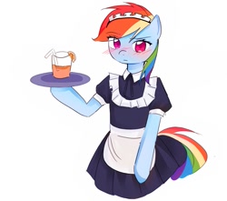 Size: 923x815 | Tagged: safe, artist:rainn__1026, imported from derpibooru, rainbow dash, semi-anthro, blushing, clothes, drink, maid, simple background, solo, tray, white background, wingless