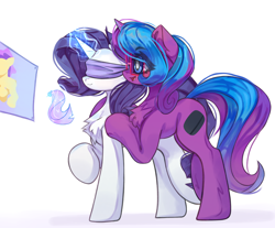 Size: 4096x3394 | Tagged: safe, artist:jfrxd, imported from derpibooru, rarity, oc, oc:scribble script, pony, unicorn, blindfold, canon x oc, chest fluff, duo, female, glasses, glowing, glowing horn, high res, horn, lesbian, levitation, magic, magic aura, pin the tail on the pony, simple background, telekinesis, white background