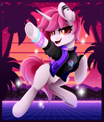 Size: 2400x2800 | Tagged: safe, artist:rainbowfire, imported from derpibooru, oc, oc only, pony, unicorn, bracelet, clothes, complex background, cute, dancing, female, grin, horn, jacket, jewelry, looking at you, mare, mountain, open mouth, palm tree, retrowave, smiling, solo, stars, sunset, tree