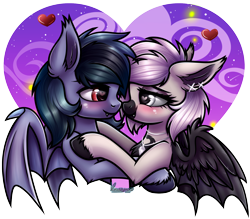Size: 2022x1774 | Tagged: safe, artist:kruszynka25, imported from derpibooru, oc, oc only, oc:devilvoice, oc:scrimmy, bat pony, bat pony oc, blushing, floating heart, heart, holiday, looking at each other, looking at someone, oc x oc, shipping, simple background, transparent background, unshorn fetlocks, valentine's day