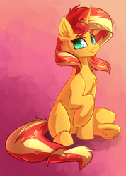 Size: 2528x3544 | Tagged: safe, artist:witchtaunter, imported from derpibooru, sunset shimmer, pony, unicorn, chest fluff, commission, commissioner:reversalmushroom, cute, ear fluff, female, gradient background, looking at you, mare, raised hoof, shimmerbetes, shoulder fluff, sitting, sitting pretty, smiling, solo, underhoof
