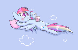 Size: 1400x900 | Tagged: safe, artist:joycall6, imported from derpibooru, rainbow dash, pegasus, pony, belly, blue background, cellphone, cloud, drinking straw, female, glass, hoof hold, juice, mare, phone, pillow, simple background, solo