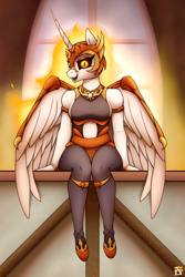 Size: 2000x3000 | Tagged: safe, artist:naen, imported from derpibooru, daybreaker, alicorn, anthro, plantigrade anthro, armor, bare shoulders, bracelet, breasts, clothes, fangs, female, fire, helmet, jewelry, leggings, looking at you, mare, open mouth, peytral, ponyville town hall, shoes, sideboob, sitting, wings