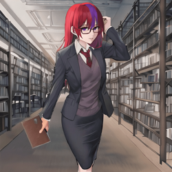 Size: 1024x1024 | Tagged: safe, editor:jesterofdestiny, generator:anything v3, imported from derpibooru, moondancer, human, ai content, ai generated, alternate hairstyle, book, bookshelf, clothes, glasses, humanized, library, looking at you, necktie, pencil skirt, shirt, skirt, solo, suit, sweater vest