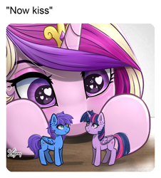Size: 1084x1200 | Tagged: safe, artist:lailyren, imported from derpibooru, princess cadance, twilight sparkle, oc, oc:nova twinkle, alicorn, canon x oc, commission, cute, cutedance, heart, heart eyes, implied lesbian, meme, now kiss, princess of shipping, shipper on deck, shipping, twilight sparkle (alicorn), wingding eyes, ych result