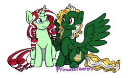 Size: 1280x783 | Tagged: safe, artist:princessfaeron, imported from derpibooru, oc, oc only, oc:fairy lights, oc:tinsel, pegasus, pony, unicorn, duo, female, mare, simple background, transparent background