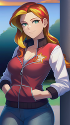 Size: 864x1536 | Tagged: safe, editor:sammykun, imported from derpibooru, sunset shimmer, human, equestria girls, ai content, ai generated, beautiful, clothes, column, denim, female, generator:novelai, generator:stable diffusion, humanized, jacket, jeans, looking at you, pants, pockets, reference used, smiling, solo, varsity jacket