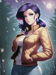 Size: 512x682 | Tagged: safe, editor:sammykun, imported from derpibooru, rarity, human, equestria girls, ai content, ai generated, beautiful, breasts, busty rarity, clothes, denim, female, forest, generator:novelai, generator:stable diffusion, humanized, jacket, jeans, looking at you, pants, pockets, reference used, smiling, solo, varsity jacket