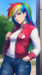 Size: 864x1536 | Tagged: safe, editor:sammykun, imported from derpibooru, rainbow dash, human, equestria girls, ai content, ai generated, beautiful, blue eyes, clothes, column, denim, female, generator:novelai, generator:stable diffusion, humanized, jacket, jeans, looking at you, pants, pockets, reference used, smiling, solo, varsity jacket, wrong eye color