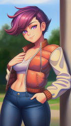 Size: 864x1536 | Tagged: safe, editor:sammykun, imported from derpibooru, scootaloo, human, equestria girls, ai content, ai generated, beautiful, clothes, column, denim, female, generator:novelai, generator:stable diffusion, humanized, jacket, jeans, looking at you, older, older scootaloo, pants, pockets, reference used, smiling, solo, varsity jacket