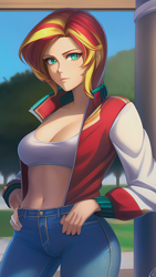 Size: 864x1536 | Tagged: safe, editor:sammykun, imported from derpibooru, sunset shimmer, human, equestria girls, ai content, ai generated, beautiful, clothes, column, denim, female, generator:novelai, generator:stable diffusion, humanized, jacket, jeans, looking at you, midriff, pants, pockets, reference used, smiling, solo, varsity jacket