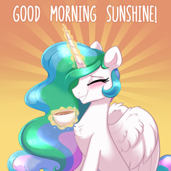 Size: 4000x4000 | Tagged: safe, artist:confetticakez, imported from derpibooru, princess celestia, alicorn, pony, blushing, chest fluff, coffee, concave belly, cup, cute, cutelestia, eyes closed, eyeshadow, female, glowing, glowing horn, good morning, grin, horn, levitation, magic, magic aura, makeup, mare, sitting, slim, smiling, solo, teacup, telekinesis, thin