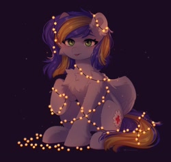 Size: 2056x1946 | Tagged: safe, artist:floweryoutoday, imported from derpibooru, oc, oc only, pegasus, pony, chest fluff, ear fluff, eyebrows, eyebrows visible through hair, solo, string lights, tangled up, tongue out