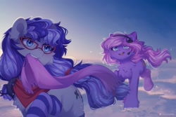 Size: 3000x2000 | Tagged: safe, artist:floweryoutoday, imported from derpibooru, oc, oc only, oc:cinnabyte, oc:lillybit, earth pony, pony, chase, chest fluff, clothes, ear fluff, earth pony oc, glasses, headset, mouth hold, open mouth, scarf, snow, socks, striped socks