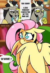 Size: 1423x2048 | Tagged: safe, artist:lrusu, imported from derpibooru, discord, fluttershy, draconequus, pegasus, pony, comic:fluttercord (irusu), ..., blushing, comic, cute, dialogue, discoshy, embarrassed, female, floppy ears, hiding behind wing, male, misunderstanding, nervous, nervous sweat, shipping, shy, shyabetes, speech bubble, straight, wings