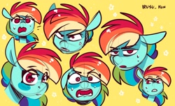 Size: 2048x1247 | Tagged: safe, artist:lrusu, imported from derpibooru, rainbow dash, pegasus, pony, angry, cross-popping veins, emanata, expressions, eye clipping through hair, eyebrows, eyebrows visible through hair, floppy ears, looking at you, nervous sweat, open mouth, simple background, sketch, solo, unamused, wide eyes, yellow background