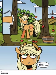 Size: 1538x2048 | Tagged: safe, artist:lrusu, imported from derpibooru, applejack, earth pony, pony, comic:good night applejack (irusu), apple, apple tree, applebucking, applejack's hat, basket, bushel basket, chest fluff, comic, cowboy hat, dialogue, eye clipping through hair, eyebrows, eyebrows visible through hair, food, hat, onomatopoeia, solo, sound effects, speech bubble, sweat, tired, tree