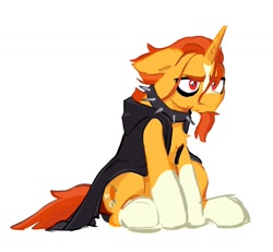 Size: 1329x1229 | Tagged: safe, artist:atti_qu, imported from derpibooru, sunburst, pony, unicorn, alternate hairstyle, choker, cloak, clothes, coat markings, emo, eyeliner, floppy ears, makeup, simple background, sitting, socks (coat markings), solo, spiked choker, unamused, white background