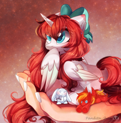 Size: 2708x2750 | Tagged: safe, artist:2pandita, imported from derpibooru, oc, oc only, alicorn, pony, bow, colored wings, disembodied hand, female, hair bow, hand, mare, micro, plushie, solo, two toned wings, wings